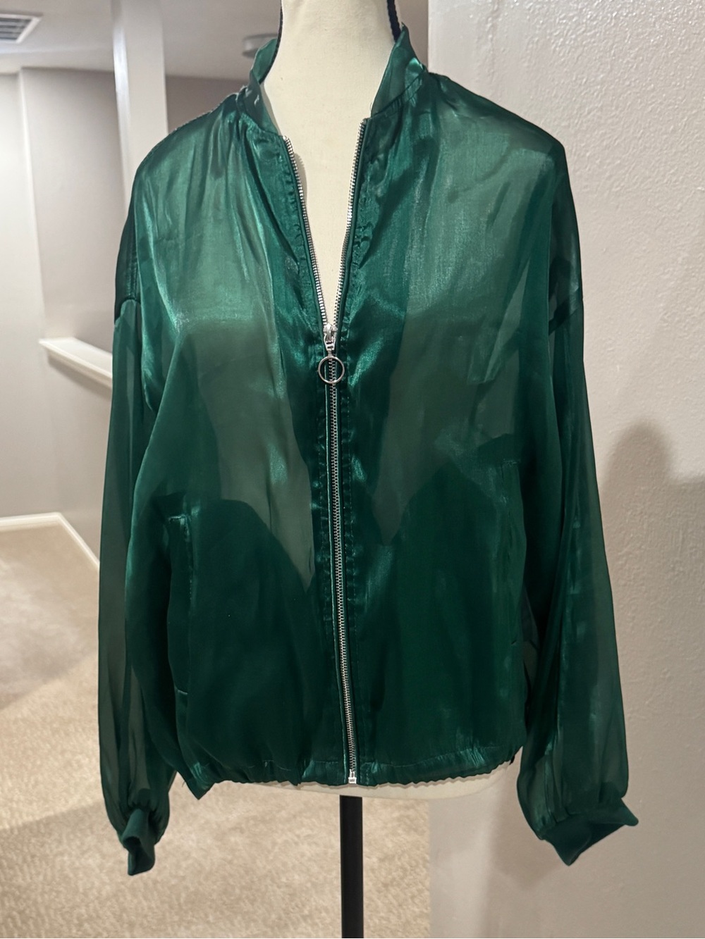 Zara Emerald Green Sheer Zip Bomber Jacket